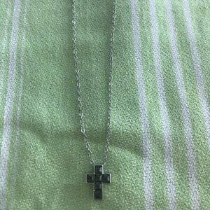 Modern Silvertone Cross with Black Stones